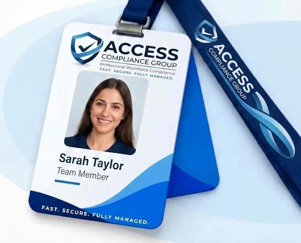 A sample staff ID card showing a photo, name and job title, on a branded lanyard